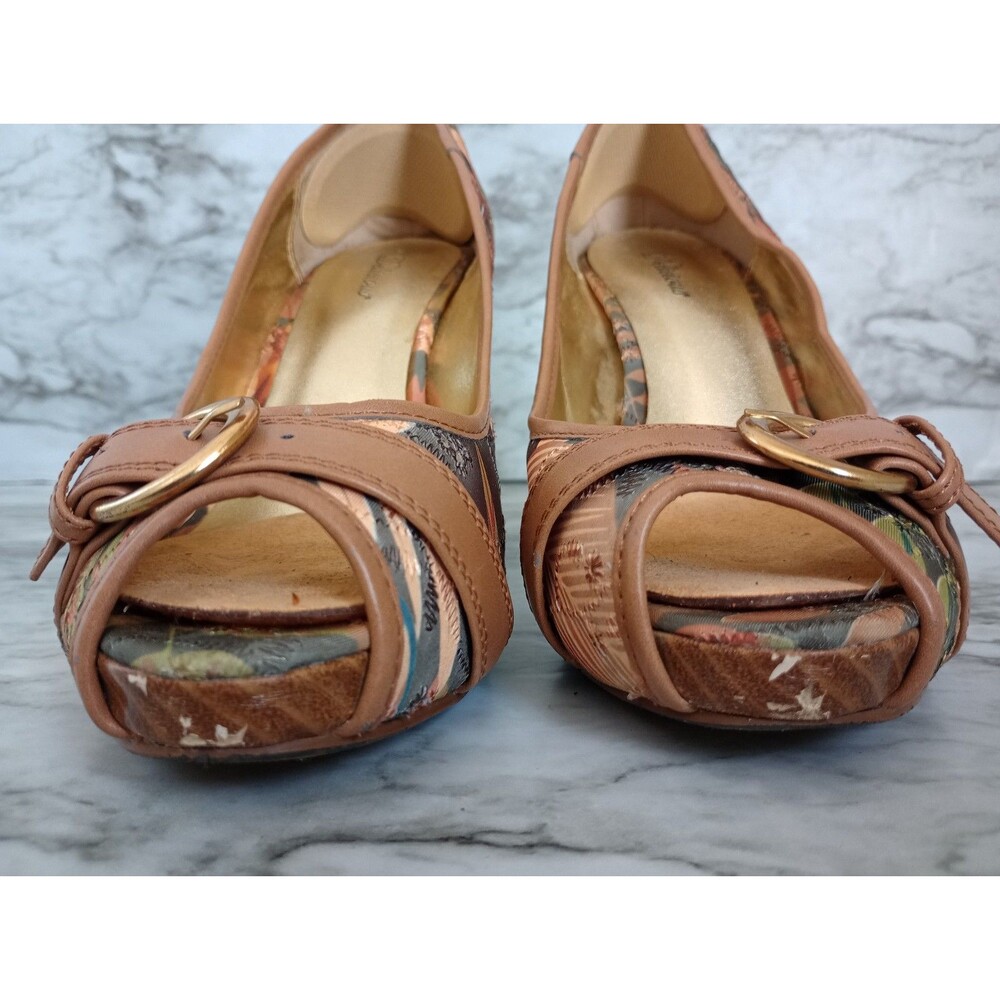 Delicious Fabric Woodsy Foliage Themed Peek Toe High Heel Shoes Size 9 - Picture 3 of 9
